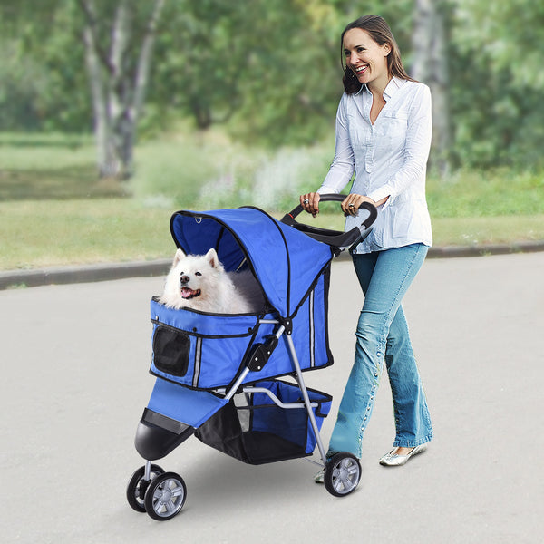 Pet Stroller for Small and Medium Dogs, 3 Wheels Foldable Pet Stroller with Adjustable Canopy, Safety Tether, Storage Basket, Blue