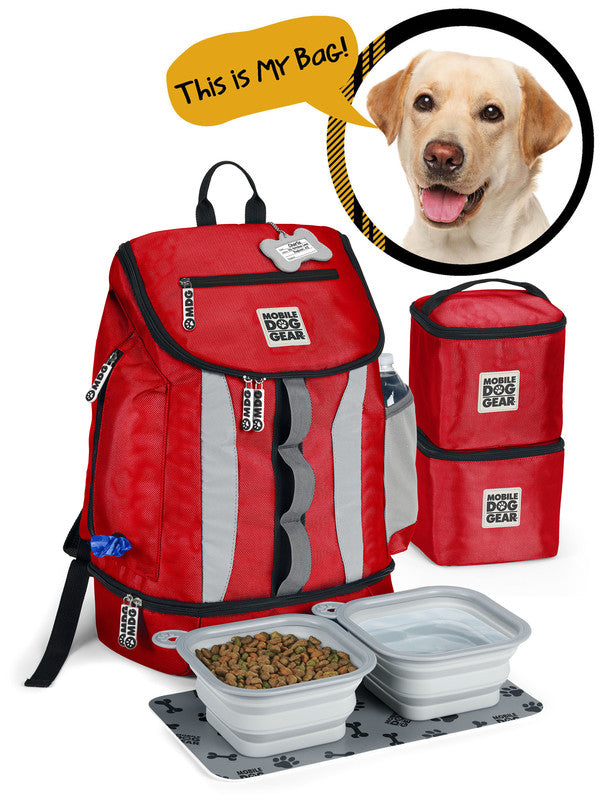 Dog Travel Backpack Bag with 2 Lined Food Carriers and 2 Collapsible Dog Bowls