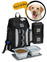 Dog Travel Backpack Bag with 2 Lined Food Carriers and 2 Collapsible Dog Bowls