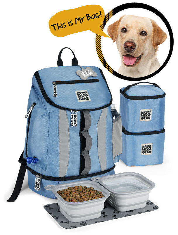 Dog Travel Backpack Bag with 2 Lined Food Carriers and 2 Collapsible Dog Bowls